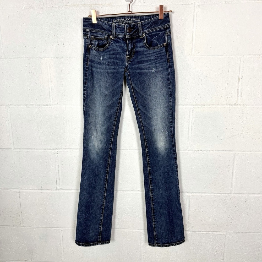 American Eagle Kick Boot Stretch Jeans Y2K Low‎ Rise Distressed Cowgirl SZ 0L